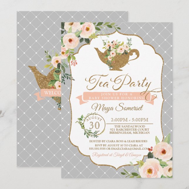 Invitación Rosado gris y Rubor Baby Shower floral de la (Anverso / Reverso)