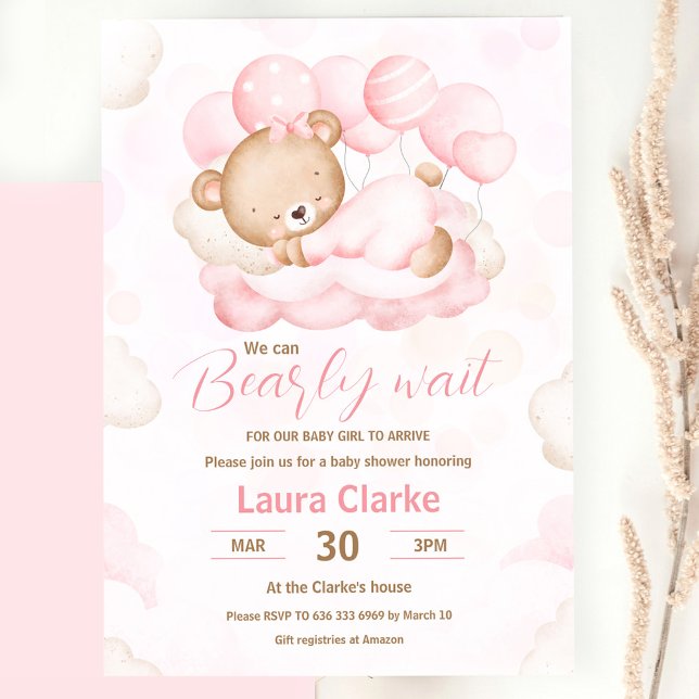 Invitación Rosado: Podemos esperar a que el Chica lleve Baby  (Pink We Can Bearly Wait Girl Bear Baby Shower Invitation)
