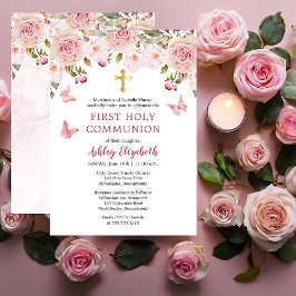 Invitación Rosado Roses Butterflies Floral Primera Santa Comu