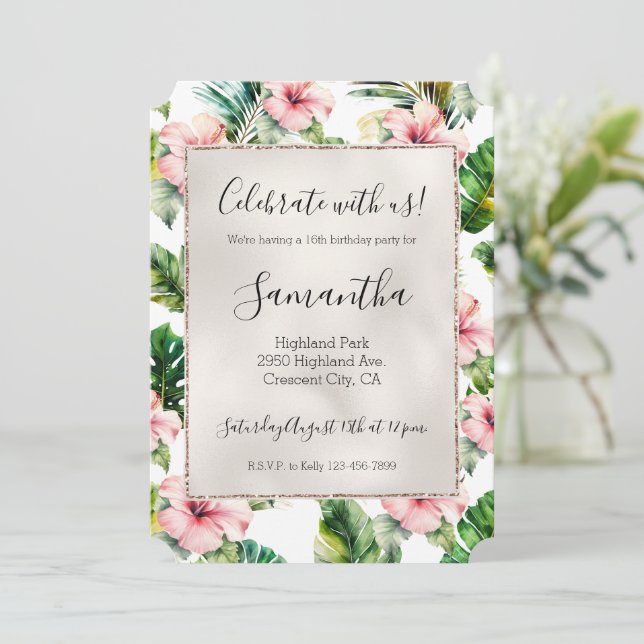 Invitación Rosado Tropical Hibiscus Floral (Anverso de pie)