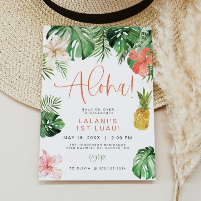 Invitación Rosado Tropical LALANI Hibiscus Luau Primer cumple (Subido por el creador)