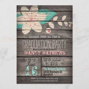 Invitación Rosado y Turquesa; Partido Rústico de Graduación d