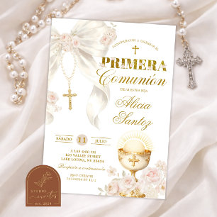 Invitación Rosario Coqueta de Lazo de Marfil Blanco Primera C