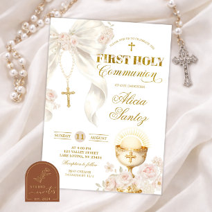 Invitación Rosario Coqueta de Lazo de Marfil Blanco Primera C