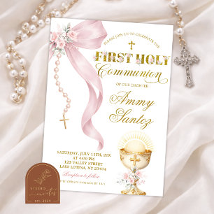 Invitación Rosario Coquette con Lazo Rosa primera comunión