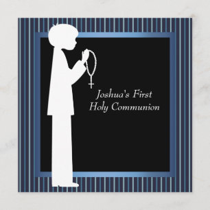 Invitación Rosario de Niño de Primer Comunión con Raya Azul y