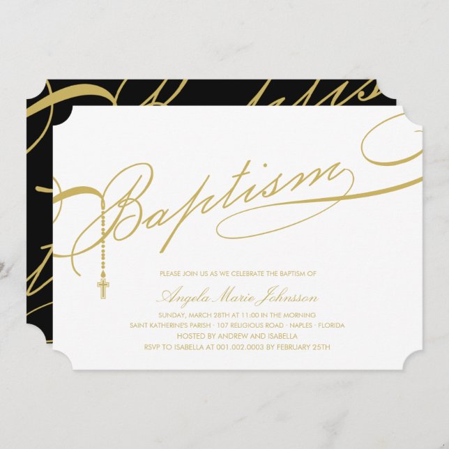 Invitación Rosario del bautismo con guiones de oro cruza la r (Anverso / Reverso)