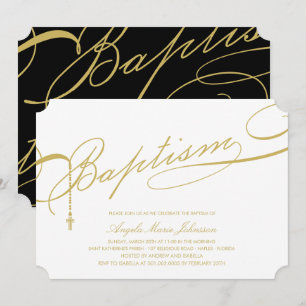 Invitación Rosario del bautismo con guiones de oro cruza la r