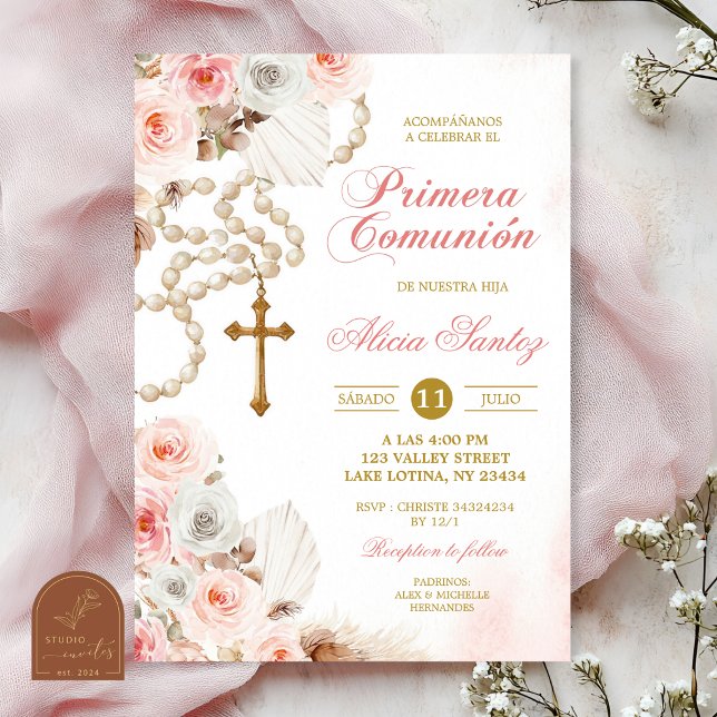 Invitación Rosario Floral Boho Rosa Primera Comunión (Subido por el creador)