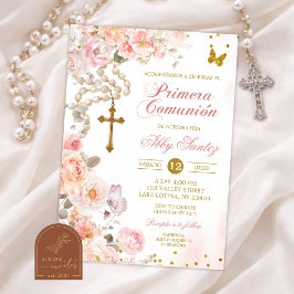 Invitación Rosario floral de flor de cerezo rosa comunión cat
