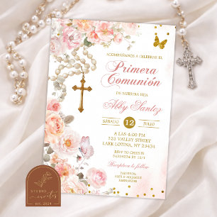 Invitación Rosario floral de flor de cerezo rosa comunión cat