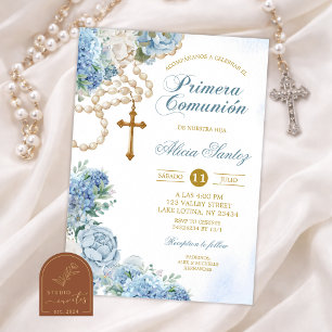 Invitación Rosario Floral de Hortensia Azul Polvoriento Prime