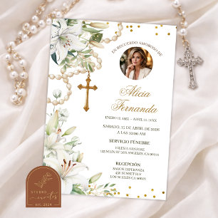 Invitación Rosario Floral de Lirio Blanco Funeral Católico