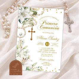 Invitación Rosario Floral de Lirio Blanco Primera Comunión Ca