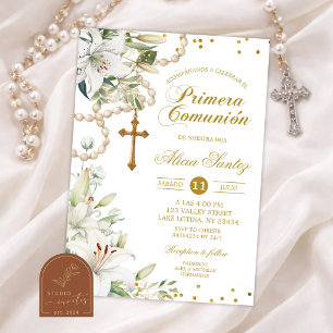 Invitación Rosario Floral de Lirio Blanco Primera Comunión Ca
