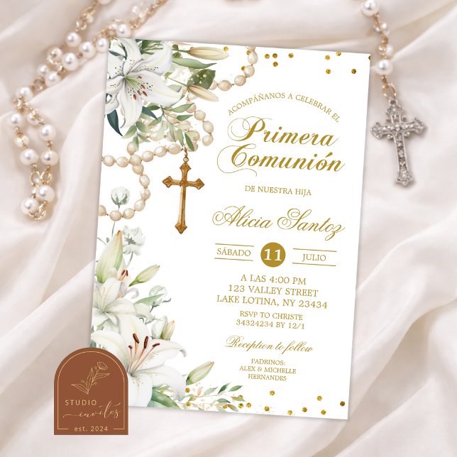 Invitación Rosario Floral de Lirio Blanco Primera Comunión Ca (Subido por el creador)