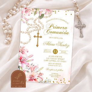 Invitación Rosario Floral de Lirio Rosa Primera Comunion Espa
