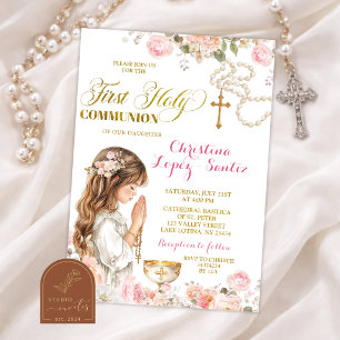 Invitación Rosario Floral Rosa Niña Primera Comunión