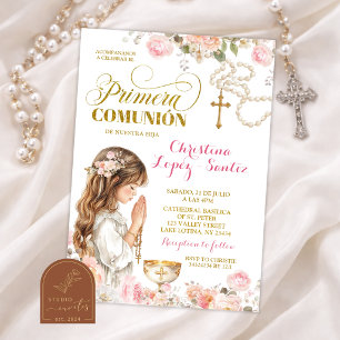 Invitación Rosario Floral Rosa Primera Comunión Niña
