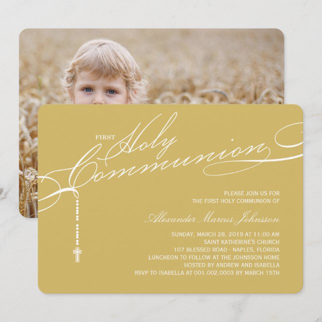 Invitación Rosario moderno Primera Comunión Foto Religiosa (Anverso / Reverso)