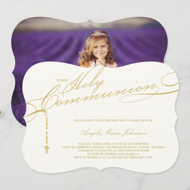 Invitación Rosario moderno Primera Comunión Foto Religiosa (Anverso / Reverso)