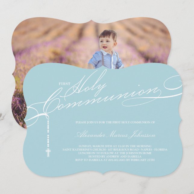 Invitación Rosario moderno Primera Santa Comunión Foto Religi (Anverso / Reverso)