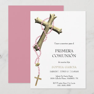 Invitación Rosario Rosa Elegante y Cruz de Oro Comunión