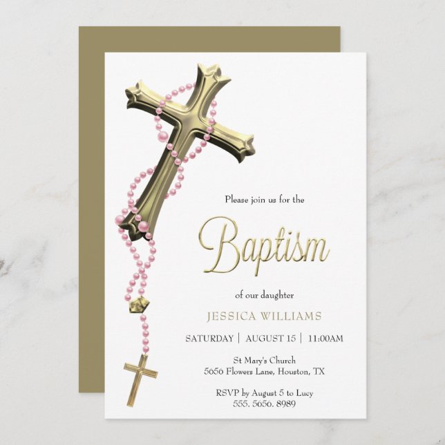 Invitación Rosario Rosario Rosa Decorado Oro Cruzado Baptismo (Anverso / Reverso)