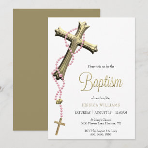 Invitación Rosario Rosario Rosa Decorado Oro Cruzado Baptismo