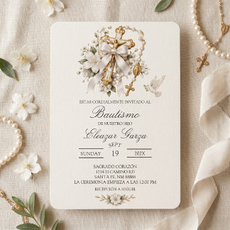 Invitación rosario y cruz dorada bautismo