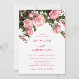 Invitación Rosas 3D de boda elegantes con vegetación rosa