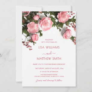 Invitación Rosas 3D de boda elegantes con vegetación rosa