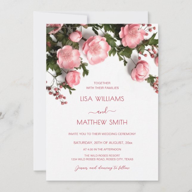 Invitación Rosas 3D de boda elegantes con vegetación rosa (Anverso)