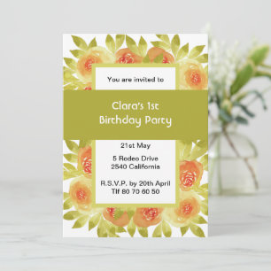 Invitación Rosas acuarela albaricoque verde fiesta