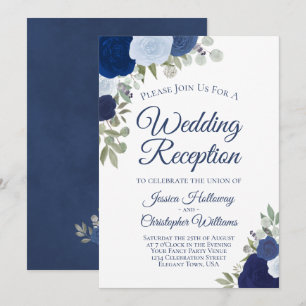 Invitación Rosas acuarela azules elegante recepción de boda