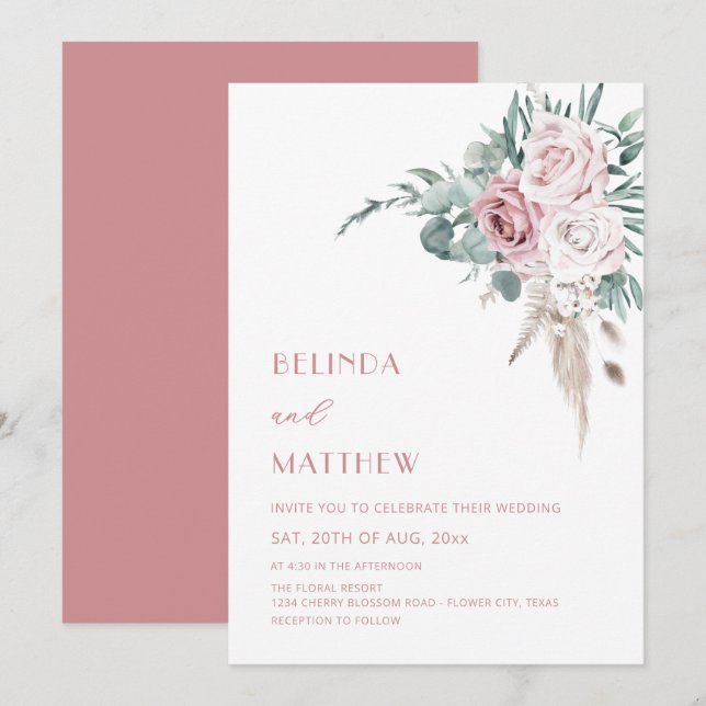 Invitación Rosas Acuarela Boho Modernas  (Anverso / Reverso)