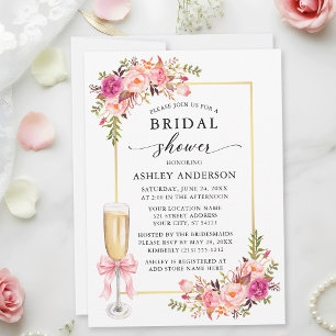 Invitación Rosas acuarela Coquette lazo rosa Baby Shower nupc