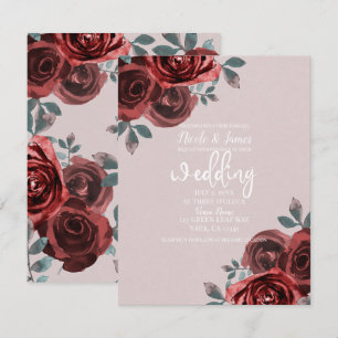 Invitación Rosas acuarela de boda en verde taupe burdeos