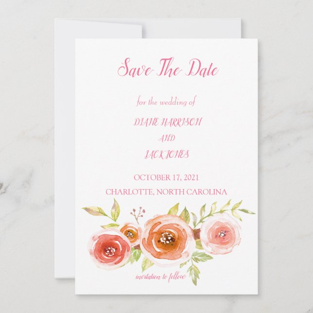 Invitación Rosas Acuarela Floral Boda Guardar la Fecha (Anverso)