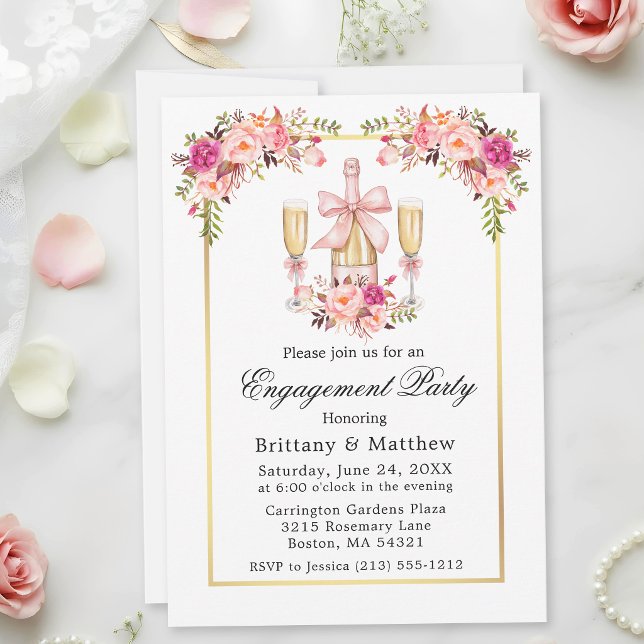 Invitación Rosas acuarela lazo rosa fiesta de compromiso (Customize to change text size, text style or to add more text to back of card.)
