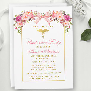 Invitación Rosas Acuarela Lazo Rosa Fiesta de Graduación Médi