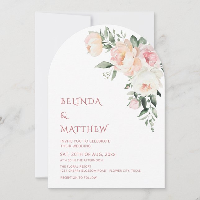 Invitación Rosas acuarela modernas boda arqueada (Anverso)