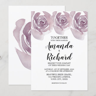 Invitación Rosas acuarela moradas, boda nupcial bonita