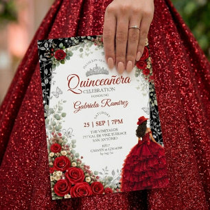 Invitación Rosas acuarela rojas y plateadas Quinceañera