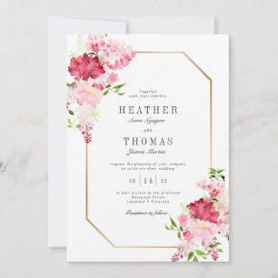 Invitación Rosas acuarela rosa rojo marco dorado boda