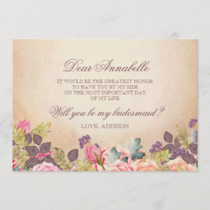 Invitación Rosas acuarela vintage ¿Quieres ser mi dama de hon