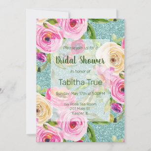 Invitación Rosas acuarelas Aqua Purpurina Bridal Shower