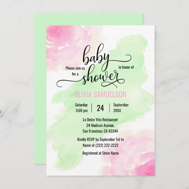 Invitación Rosas acuarelas Baby Shower verde rosa y mate (Anverso / Reverso)