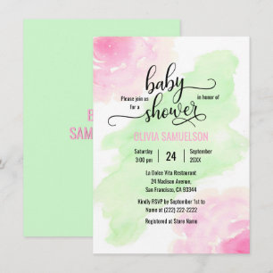 Invitación Rosas acuarelas Baby Shower verde rosa y mate