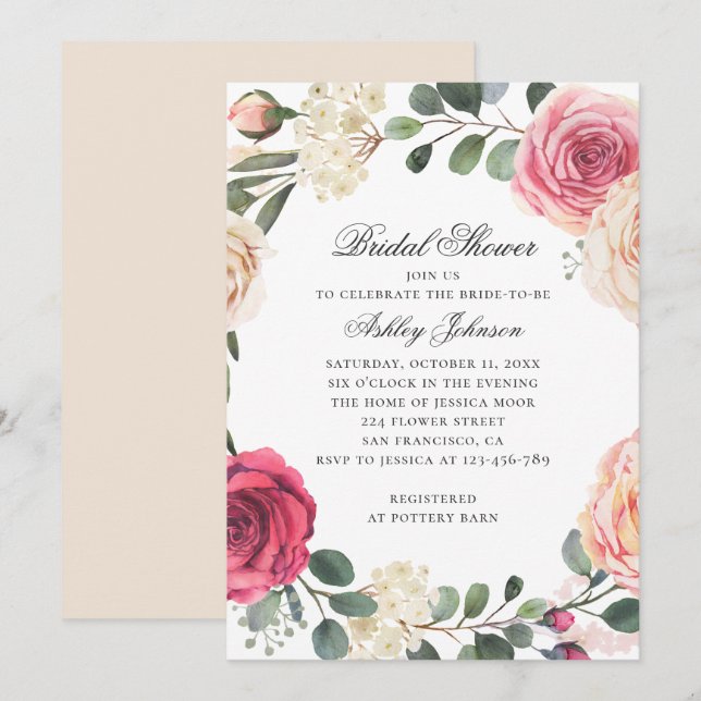 Invitación Rosas acuarelas. Elegante ducha de novia floral (Anverso / Reverso)